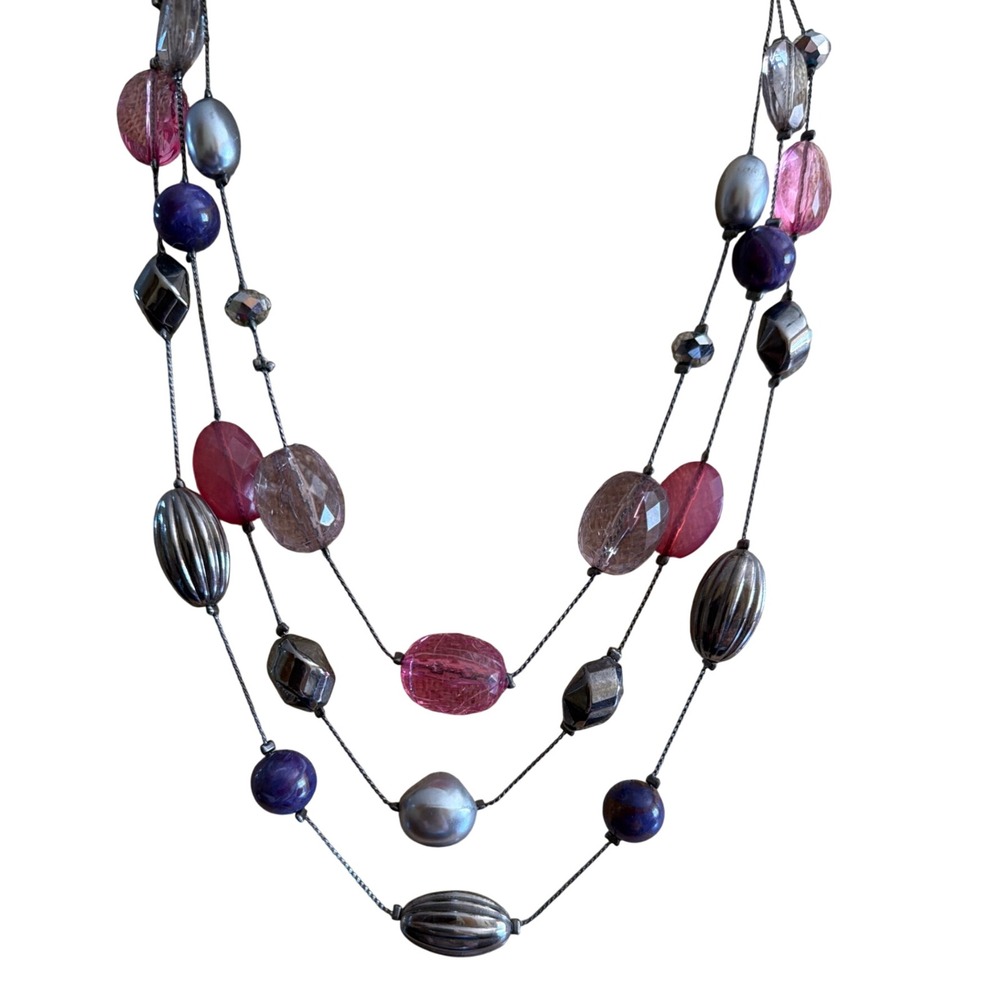 New York & Company Triple Strand Beaded Necklace Purple Pink Grey Gunmetal 1716
